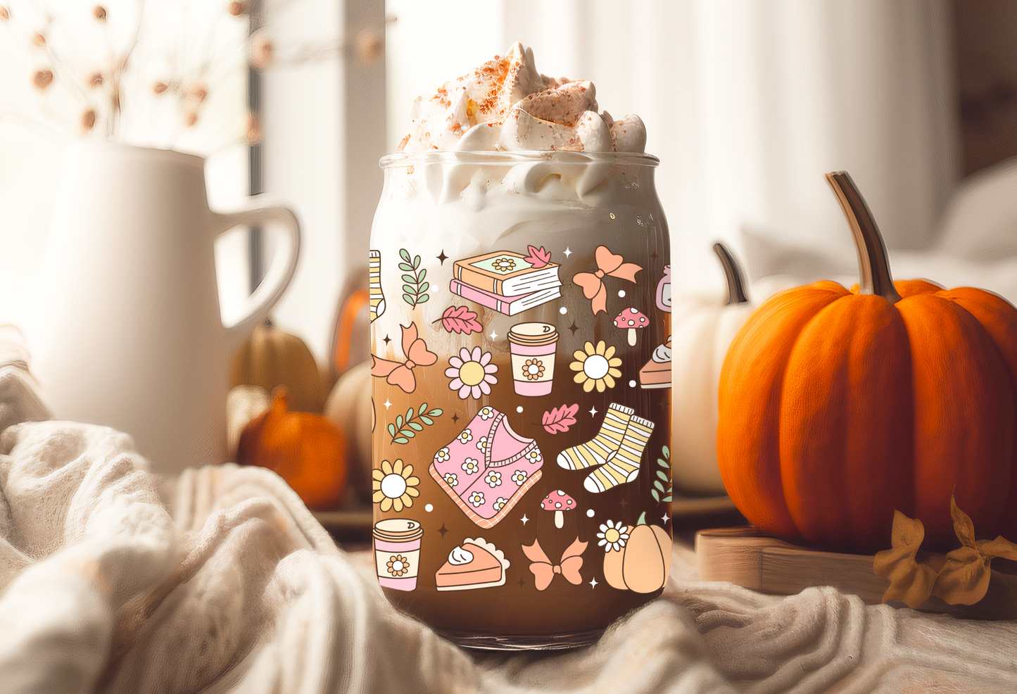 UVDTF Wrap Girly Autumn 16oz Can Glass Mug Tumbler Wrap, Ready to apply, Permanent Waterproof Adhesive, Double sided option
