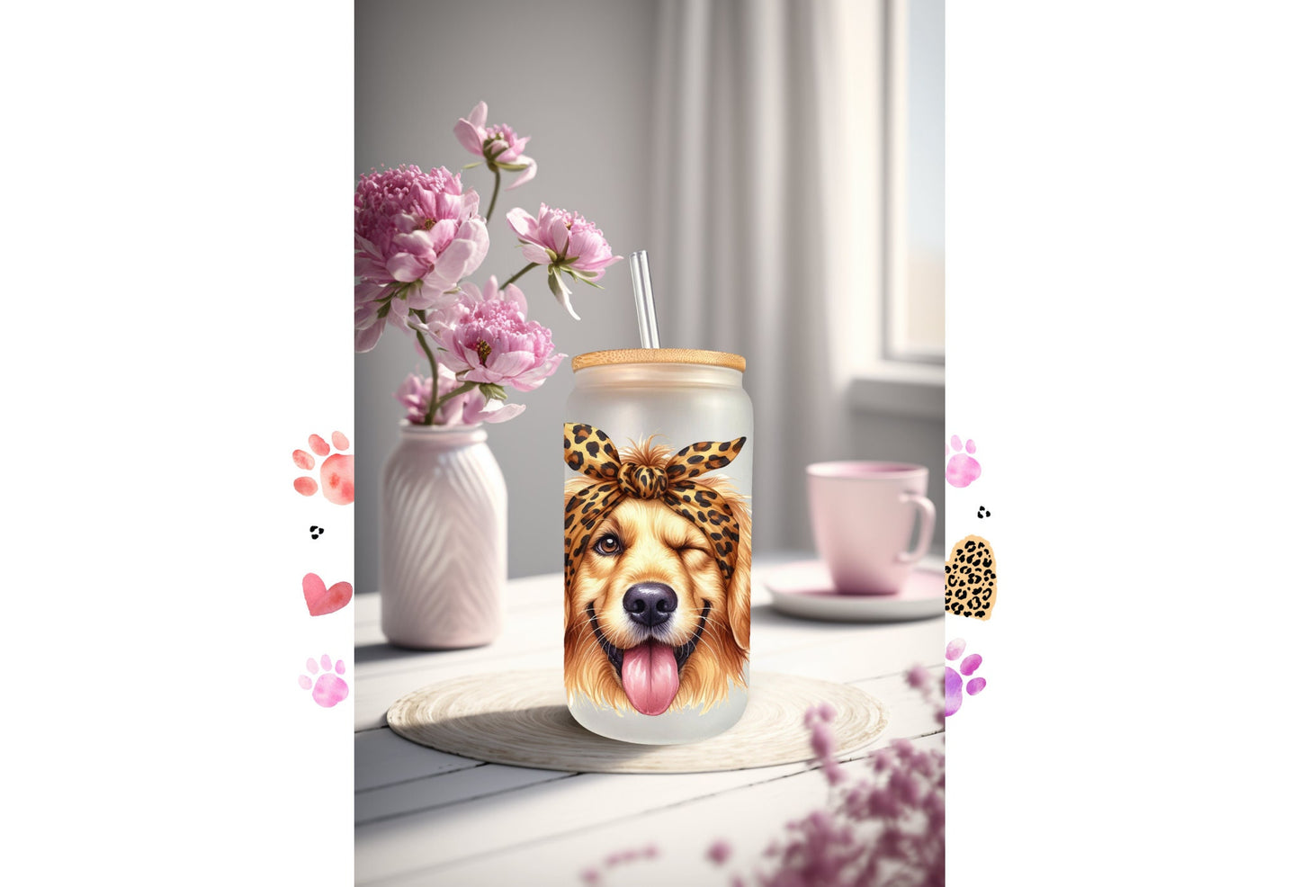 UVDTF Wrap Cute Golden Retriever Leopard Bandana for 16oz can glass Mug Tumbler, Ready to apply, Permanent Waterproof Adhesive, Double Sided option
