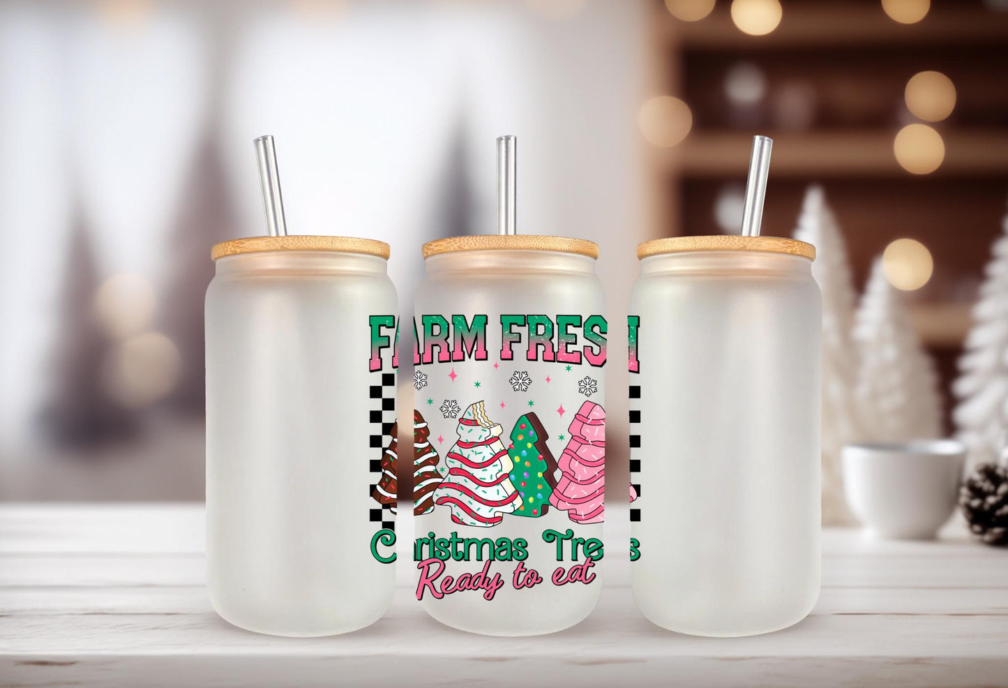 UVDTF Decal Tree Cake Farm Fresh  16oz Can Glass Mug Tumbler, Christmas Tree Cake Decal, Ready to apply, Permanent Waterproof Adhesive