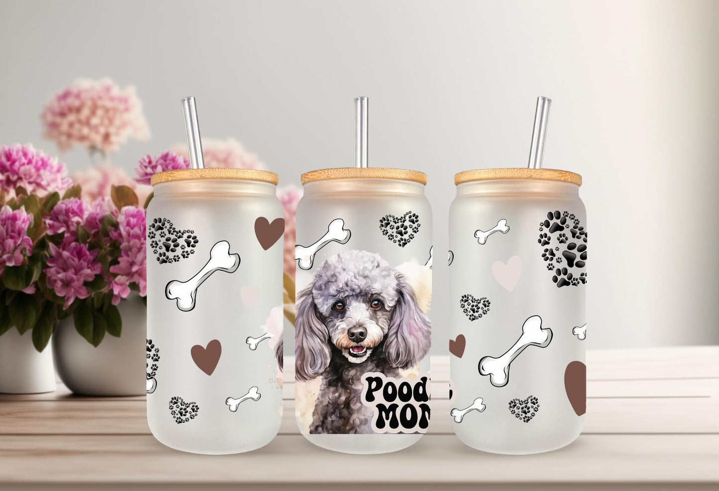 UVDTF Wrap Poodle Mom 16oz Can Glass Mug Tumbler, Dog Mom Gift, Ready to apply, Permanent Adhesive, Bundle and Save