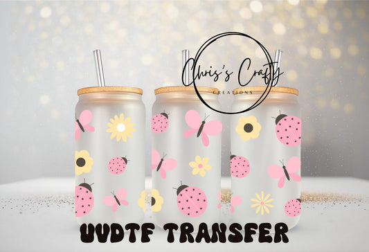 UVDTF Wrap Lady bug Butterflies Daisy 16oz Can Glass Mug Tumbler, Spring Wrap, Ready to apply, Permanent Waterproof Adhesive