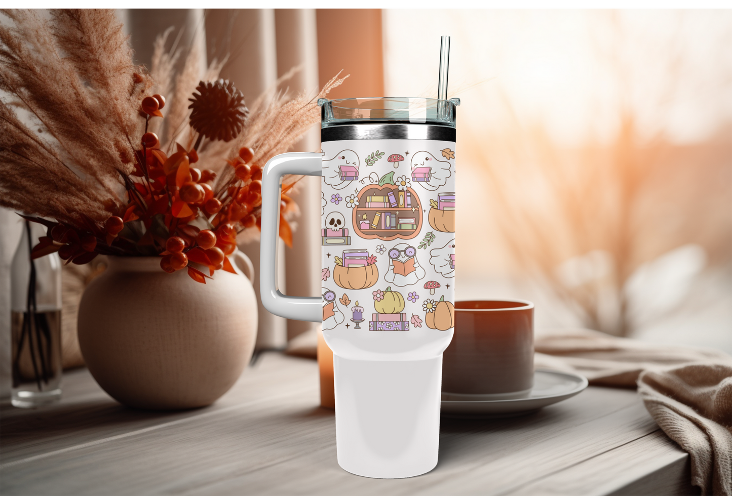 UVDTF Wrap Ghost Pumpkin Books 16oz Can Glass, Mug, Tumbler, Halloween, Ready to apply, Permanent Waterproof Adhesive