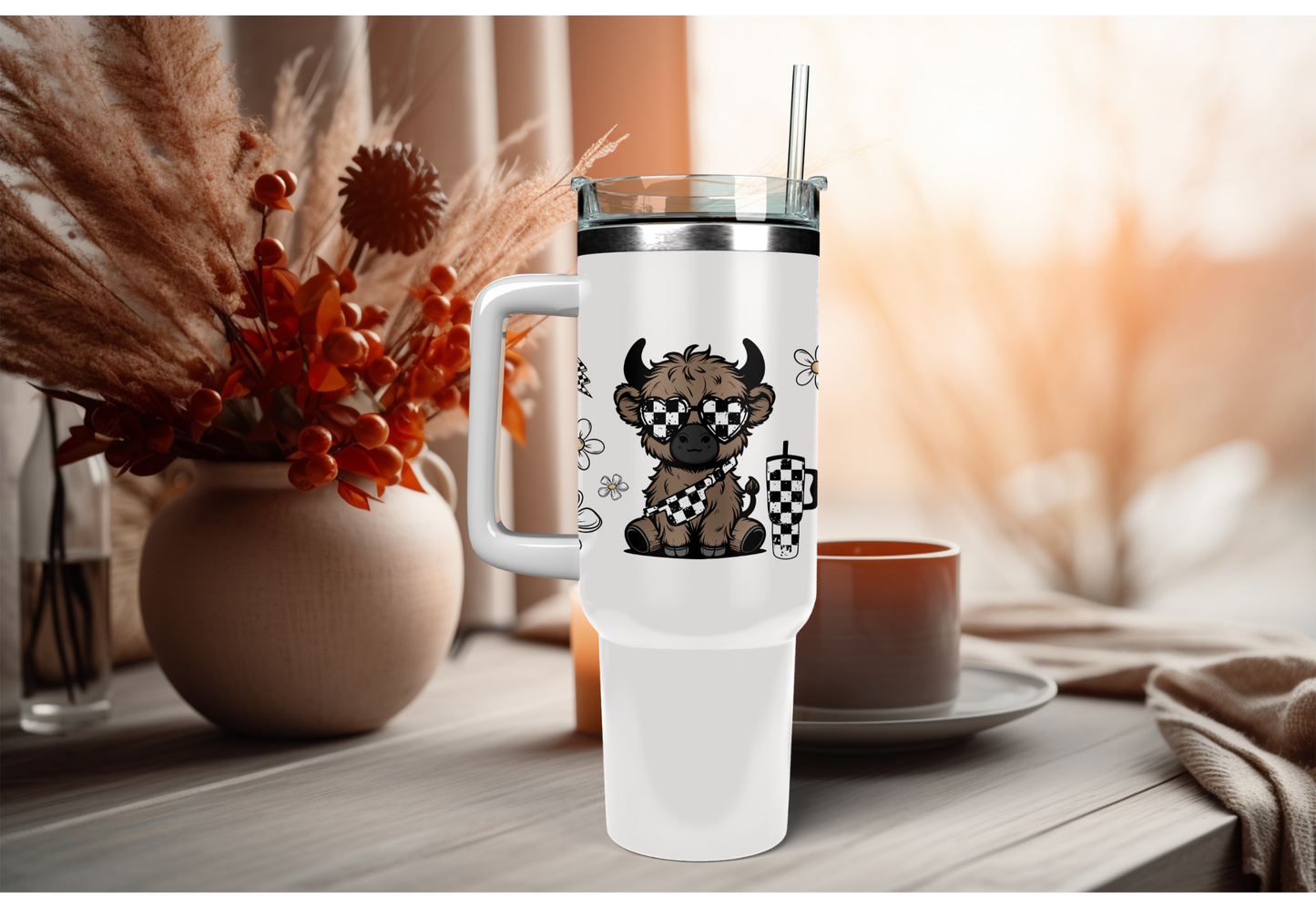 UVDTF Wrap Highland Cow Checkered Daisy 16oz Can Glass Mug Tumbler Wrap, Geese Wrap, Ready to apply, Permanent Adhesive