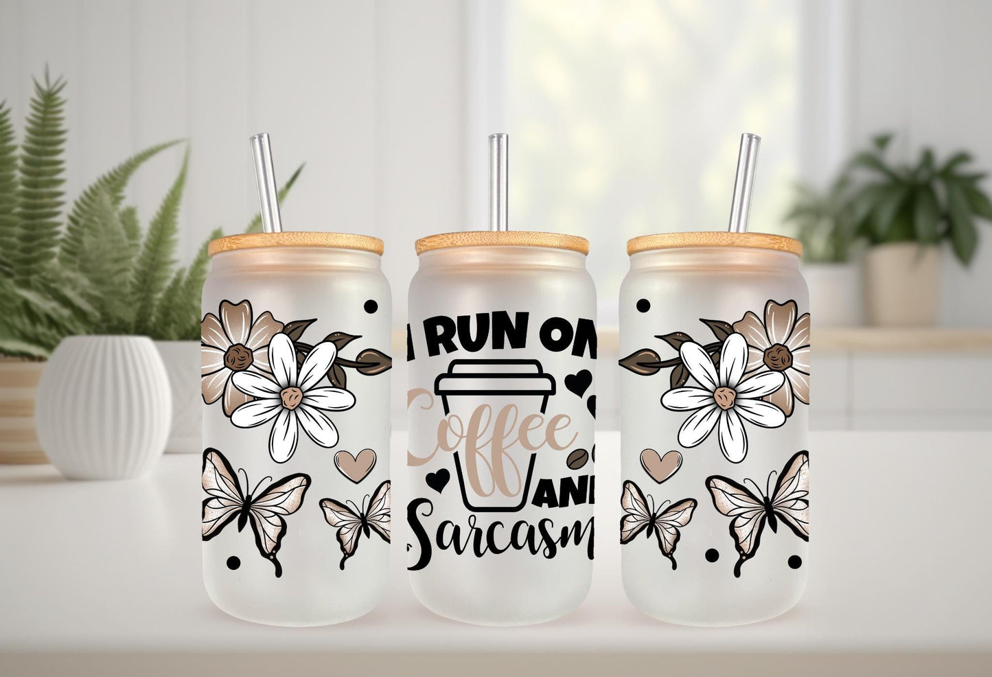 UVDTF Wrap Sarcastic Funny Saying 16oz Can Glass Mug Tumbler, Run on Coffee and Sarcasm Wrap, Ready to Apply, Permanent Waterproof Adhesive