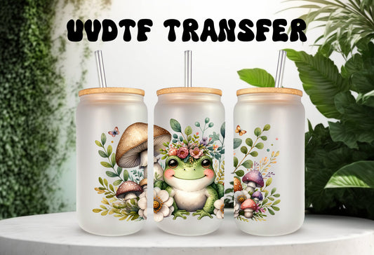 UVDTF Wrap Cute Frog Mushrooms 16oz Can Glass, Mug Tumbler, Frog Wrap, Ready to apply, Permanent Adhesive, Double sided option