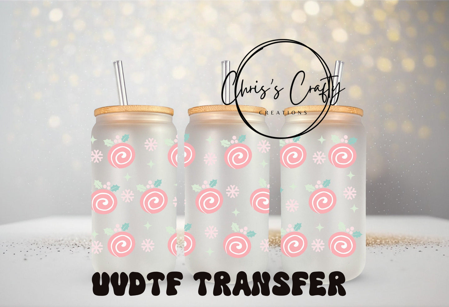 UVDTF WRAPS Pastel Pink Christmas Wrap Bundle Set of 4 for 16oz Can Glass Mug Tumbler, Ready to Apply, Permanent Waterproof Adhesive