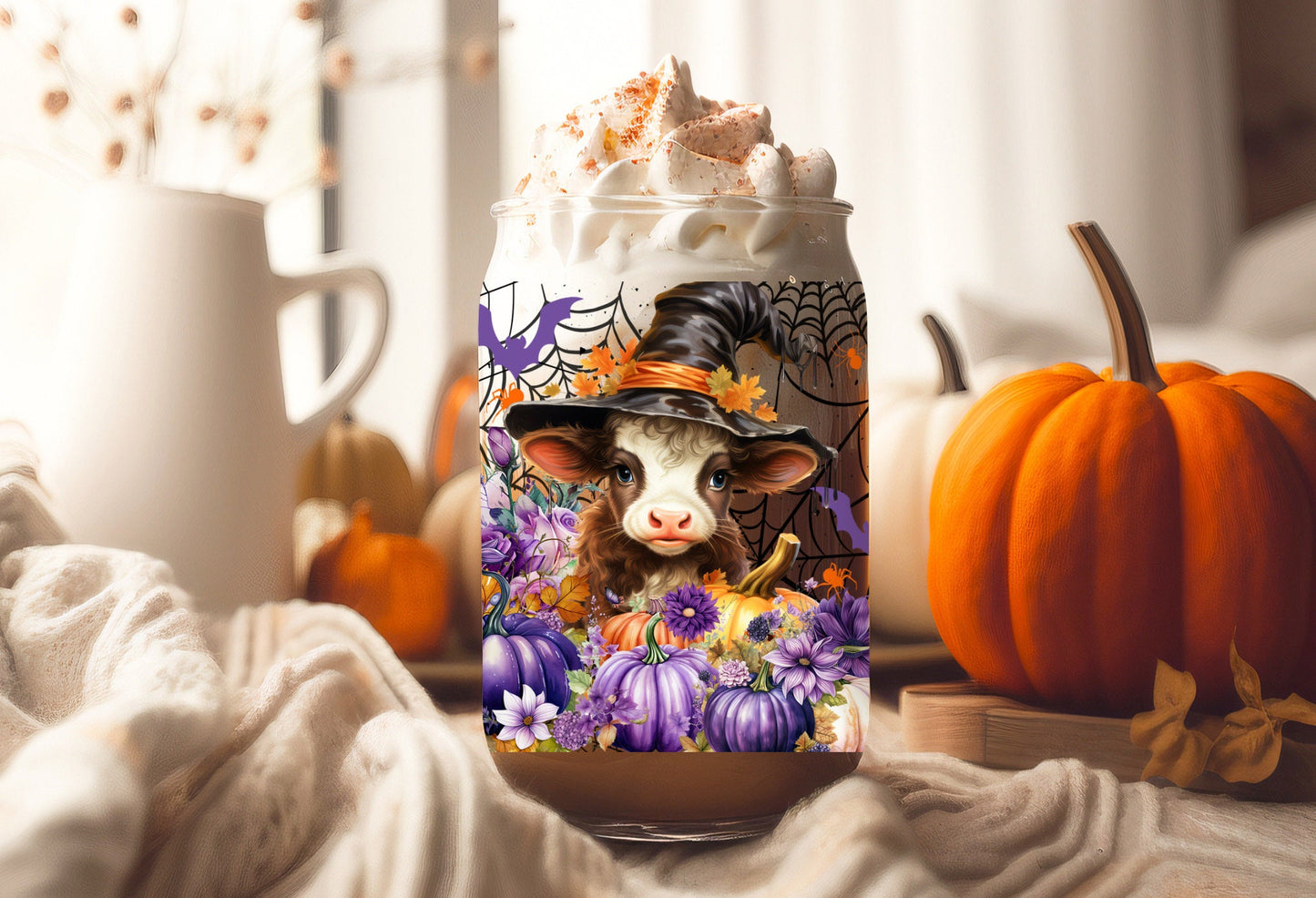 UVDTF Wrap Cow Witch Purple Floral Pumpkin 16oz Can Glass Mug Tumbler,  Ready to Apply, Permanent Waterproof Adhesive