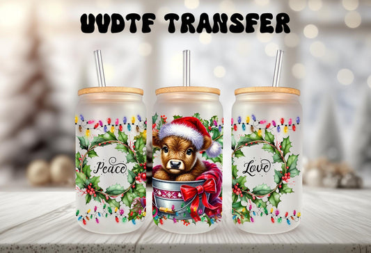 UVDTF Wrap Highland Cow Peace Love 16oz Can Glass Mug Tumbler, Ready to Apply, Permanent Waterproof Adhesive