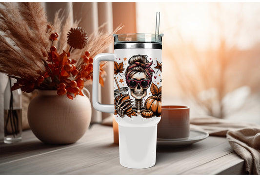 UVDTF Decal Fall Skeleton Pumpkin Iced Coffee 16oz Can Glass 40oz Tumbler or Mug, Ready to Apply, Permanent Waterproof Adhesive