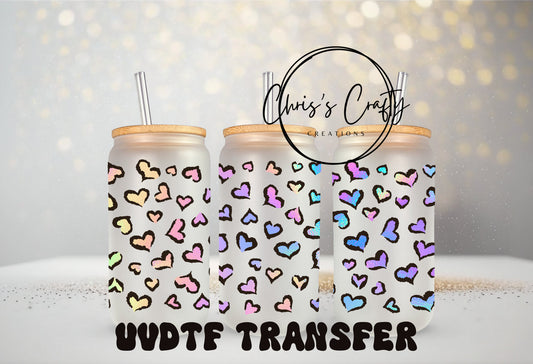 UVDTF Wrap Leopard Cheetah Hearts 16 oz Can Glass Mug Tumbler, Leopard wrap, Ready to Apply, Permanent Waterproof Adhesive