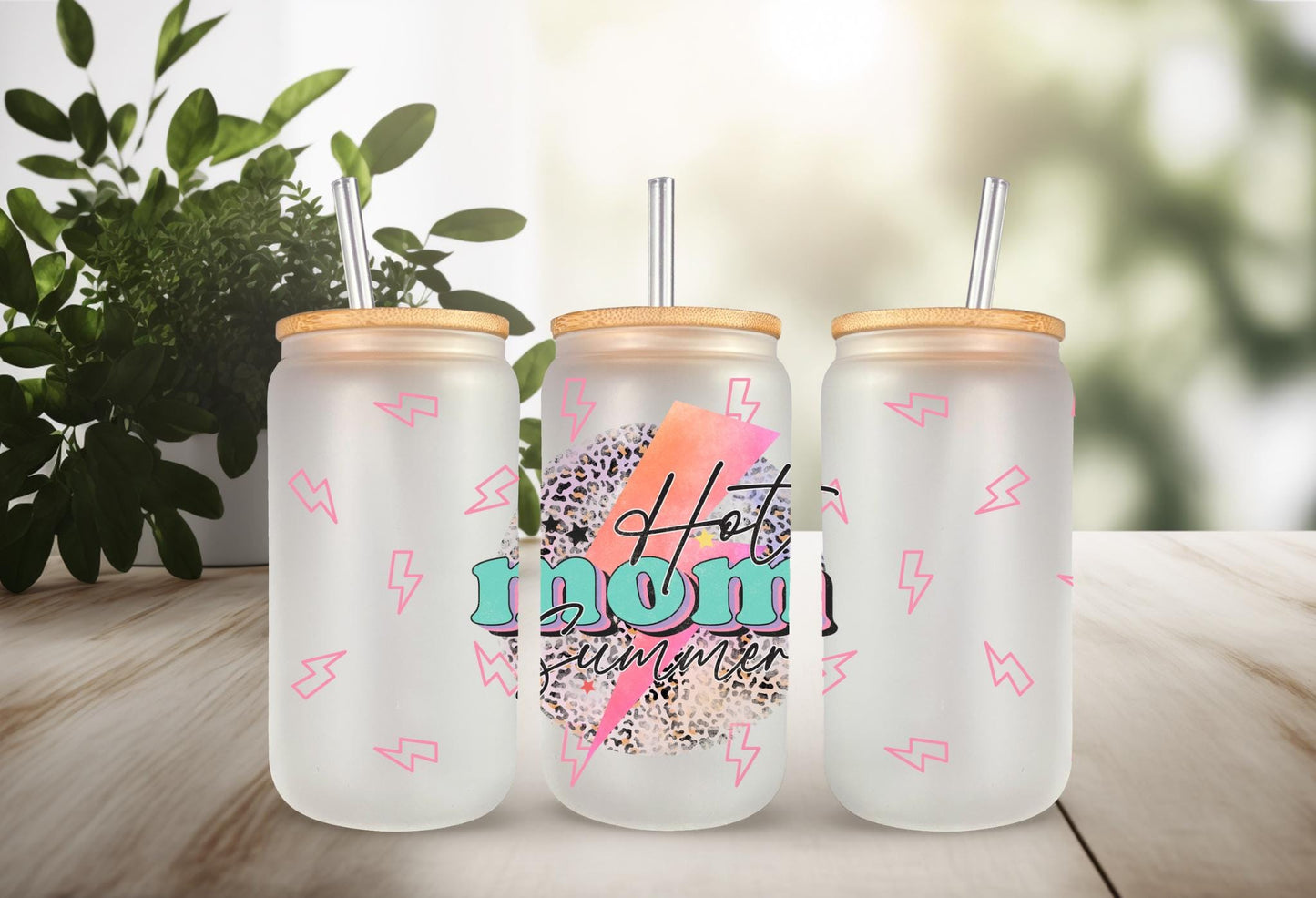 UVDTF Wrap Hot Mom Summer Lightning Bolt 16oz Can Glass Mug Tumbler, Ready to apply, Permanent Waterproof Adhesive