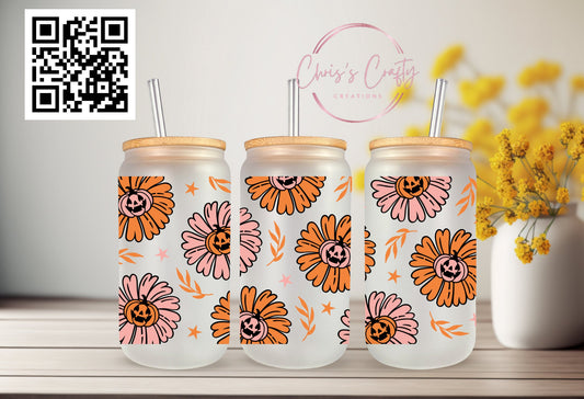 UVDTF Wrap Halloween Jack O Lantern Flower for 16oz Can Glass Mug Tumbler, Ready to Apply, Waterproof Permanent Adhesive