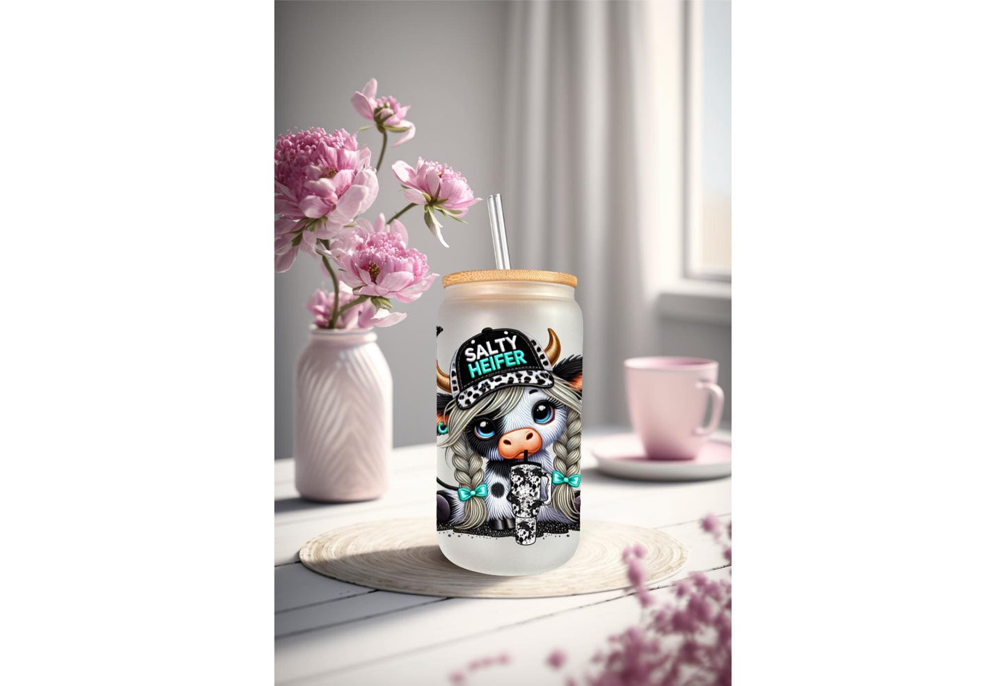 UVDTF Wrap Highland Cow Salty Heifer 16oz Can Glass Mug Tumbler Wrap, Cow Print, Ready to apply, Permanent Waterproof Adhesive