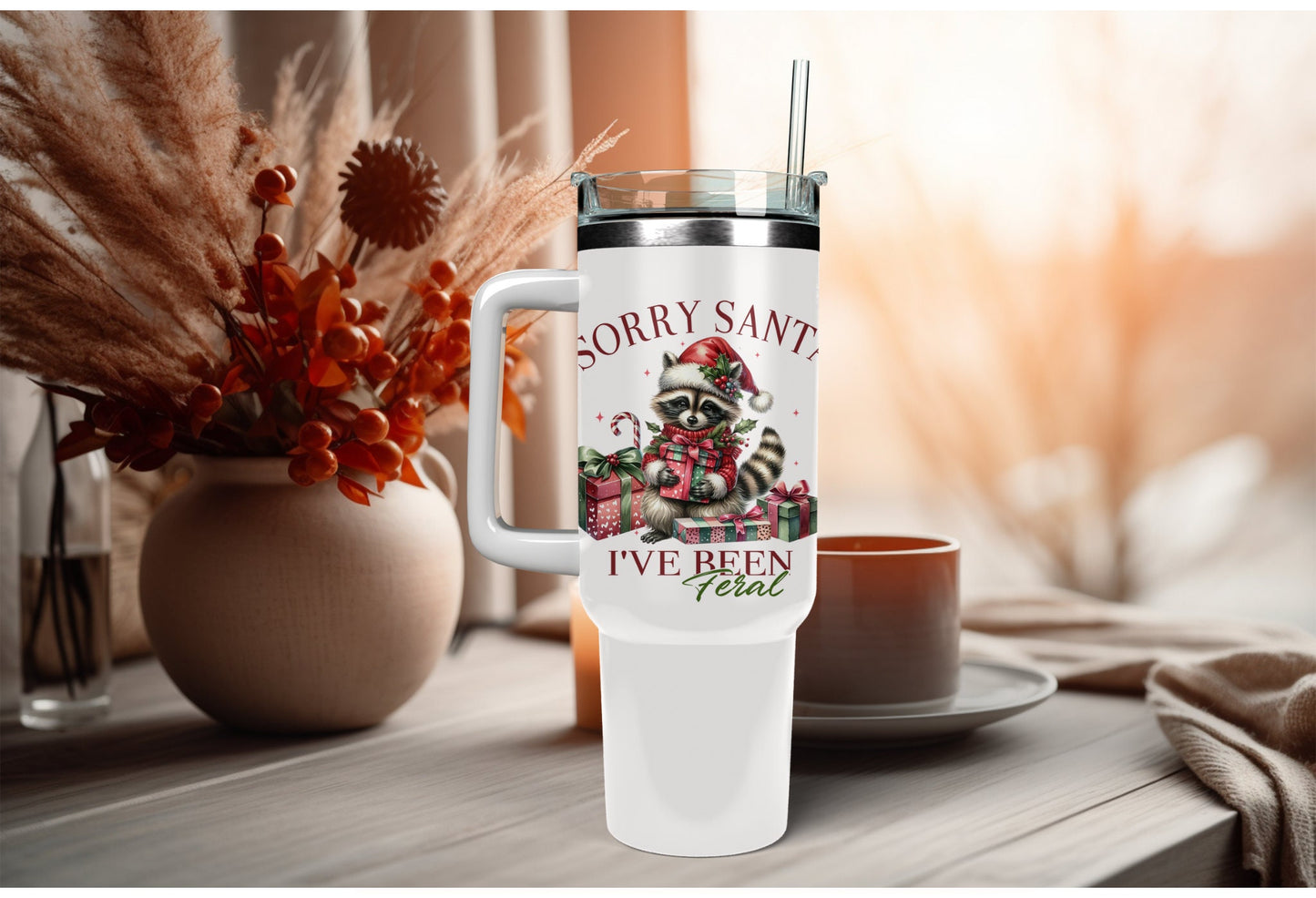 UVDTF Wrap Sorry Santa I’ve Been Feral Racoon Coquettes Bows 16oz Can Glass, Mug,  40oz  Tumbler, Ready to apply, Christmas Wrap