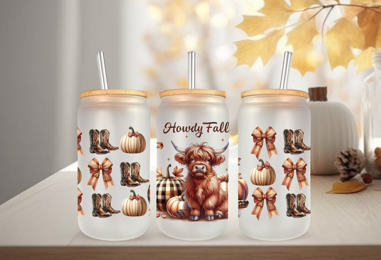 UVDTF Wrap Howdy Fall Highland Cow Coquette Bows for 16oz Can Glass Mug Tumbler, Ready to Apply, Permanent Waterproof Adhesive