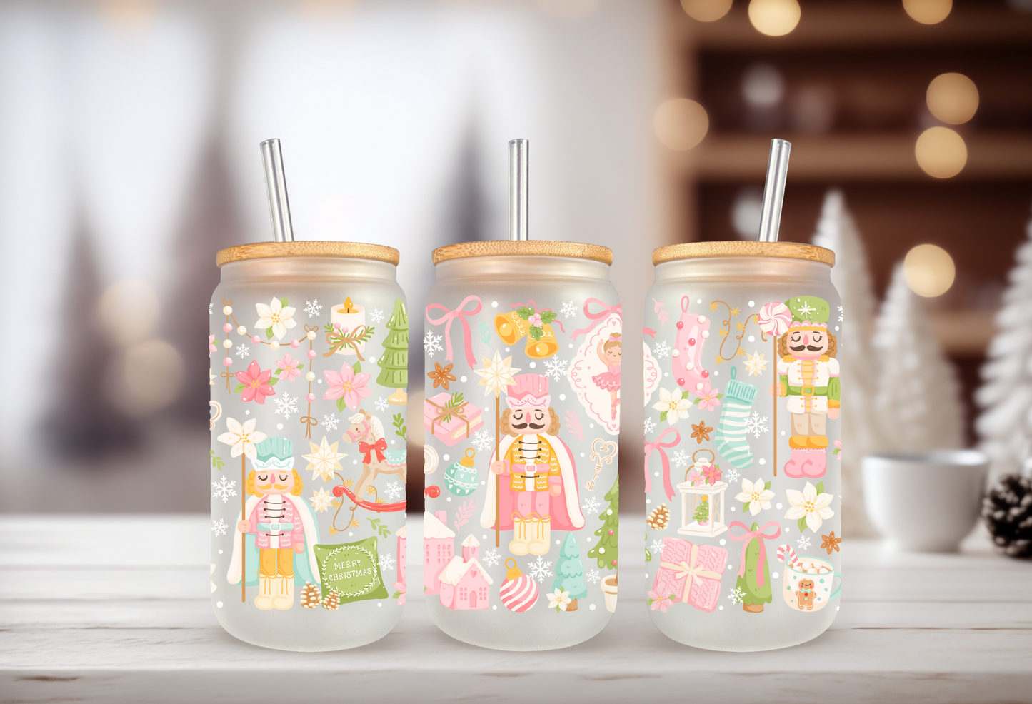 UVDTF Wrap Pastel Christmas 16oz Can Glass, Mug, Tumbler, Ready to apply, Permanent Waterproof Adhesive