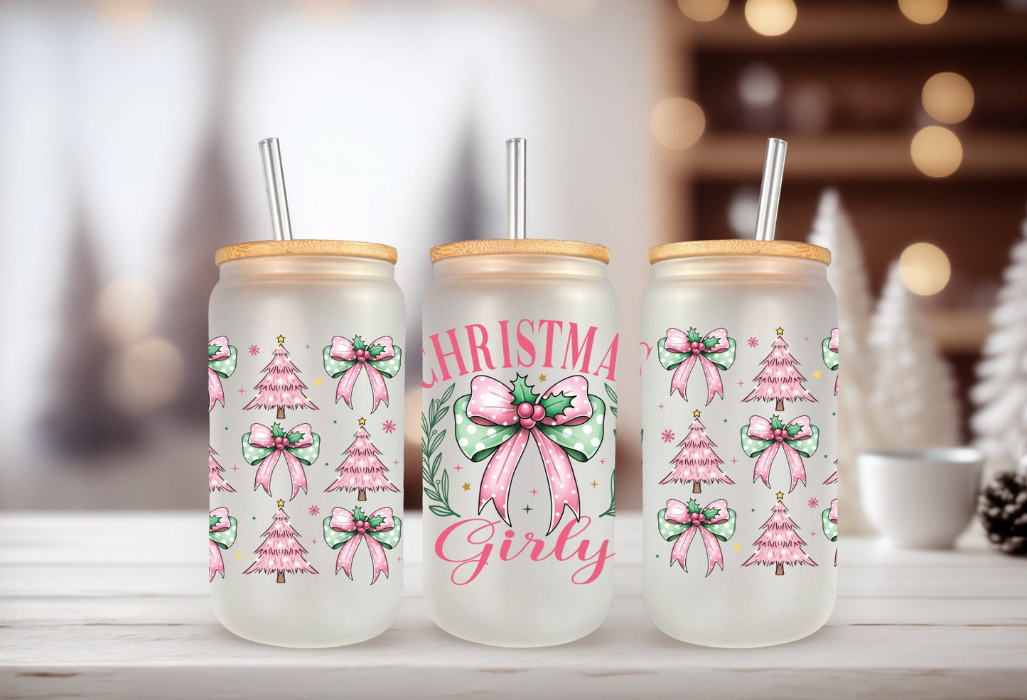 UVDTF Wrap Christmas Girly Coquettes Bows 16oz Can Glass, Mug,  40oz  Tumbler, Ready to apply, Christmas Wrap, Pink Green Wrap