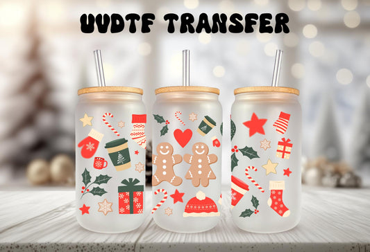 UVDTF WRAP Gingerbread Man Christmas 16oz Can Glass Mug Tumbler, Ready to apply, Waterproof Permanent Adhesive