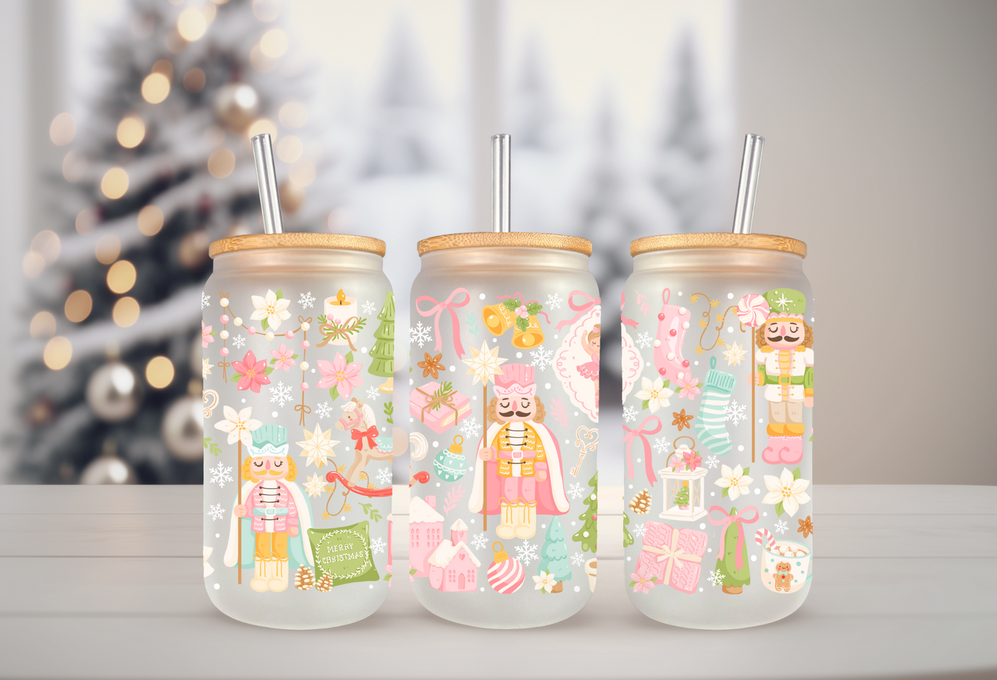 UVDTF Wrap Pastel Christmas 16oz Can Glass, Mug, Tumbler, Ready to apply, Permanent Waterproof Adhesive