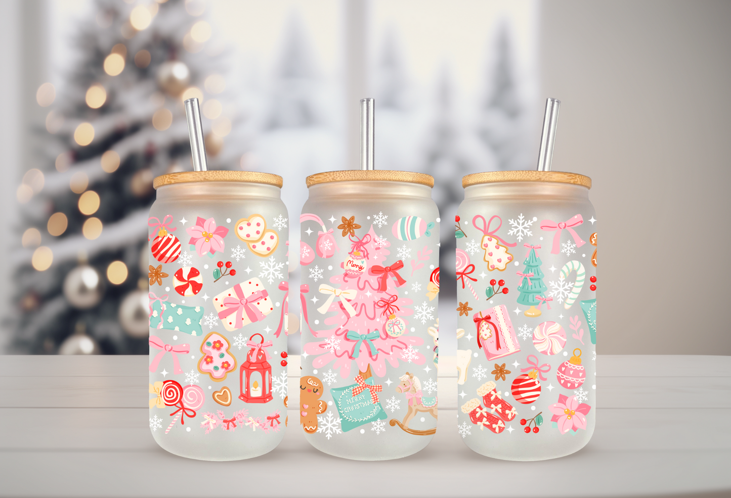 UVDTF Wrap Christmas Tree Presents 16oz Can Glass, Mug, Tumbler, Ready to apply, Permanent Waterproof Adhesive