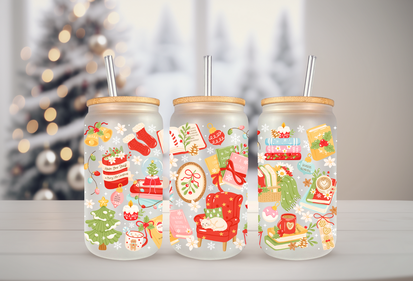 UVDTF Wrap Christmas Bookish 16oz Can Glass, Mug, Tumbler, Ready to apply, Permanent Waterproof Adhesive