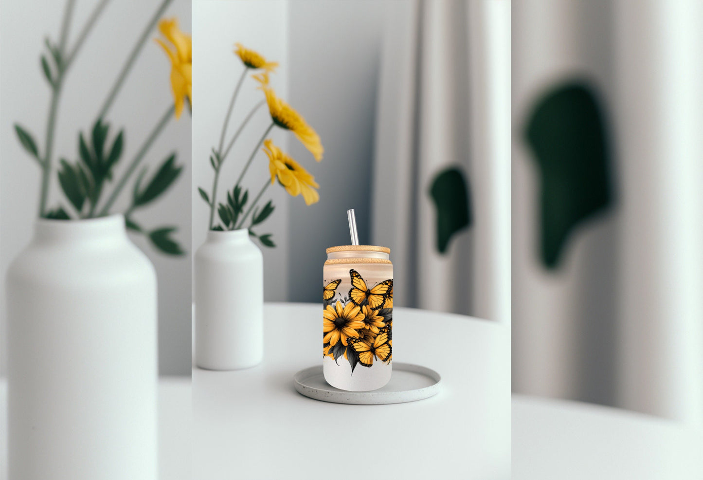 UVDTF Wrap Yellow Daisies Butterflies 16oz Can Glass Mug Tumbler Wrap, Ready to apply, Permanent Adhesive, Double sided option