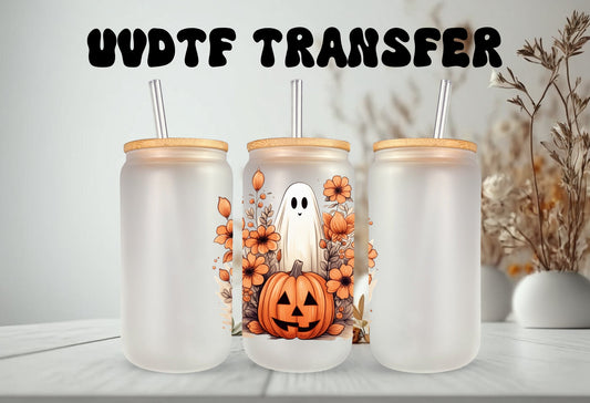 UVDTF Decal Pumpkin Floral Ghost 16oz Can Glass Mug Tumbler, Fall Decal, Ready to Apply, Permanent Waterproof Adhesive, add on a cup