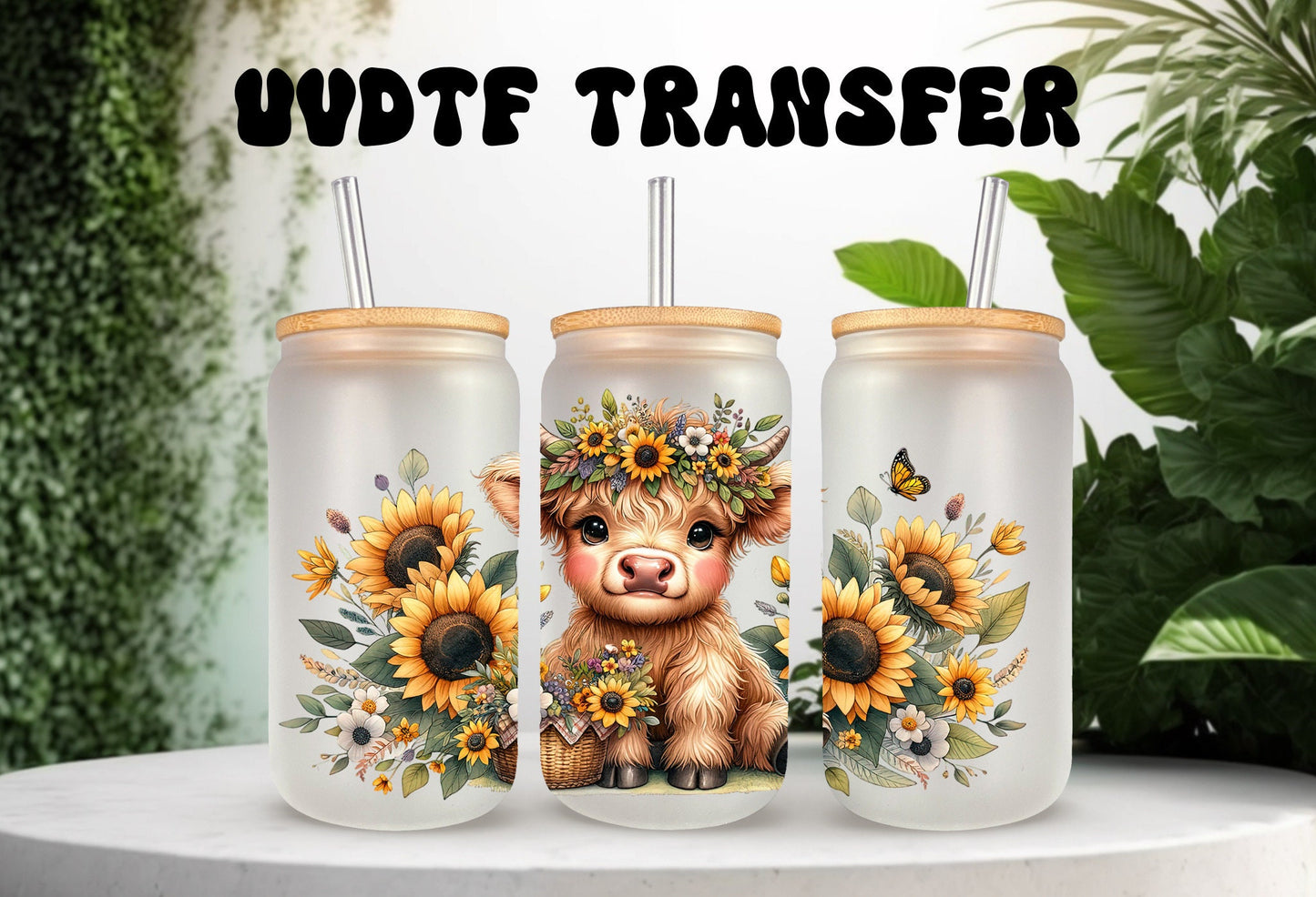 UVDTF Wrap Highland Cow Daisies Yellow for 16oz Can Glass, Mug Tumbler, Ready to apply, Permanent Adhesive, Double sided option