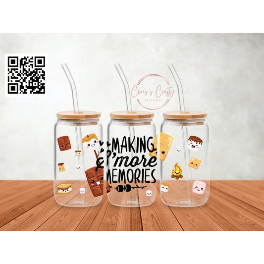 UVDTF Wrap Camp Making S’more Memories 16oz Can Glass Mug Tumbler, Ready to apply, Camp Wrap, Permanent Waterproof adhesive