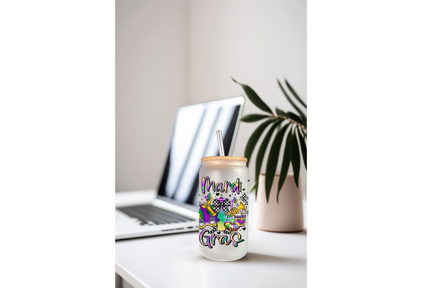 UVDTF Wrap Mardi Gras Checkered Bows 16oz Can Glass Mug Tumbler, Mardi Gras Wrap, Ready to apply, Permanent Waterproof Adhesive