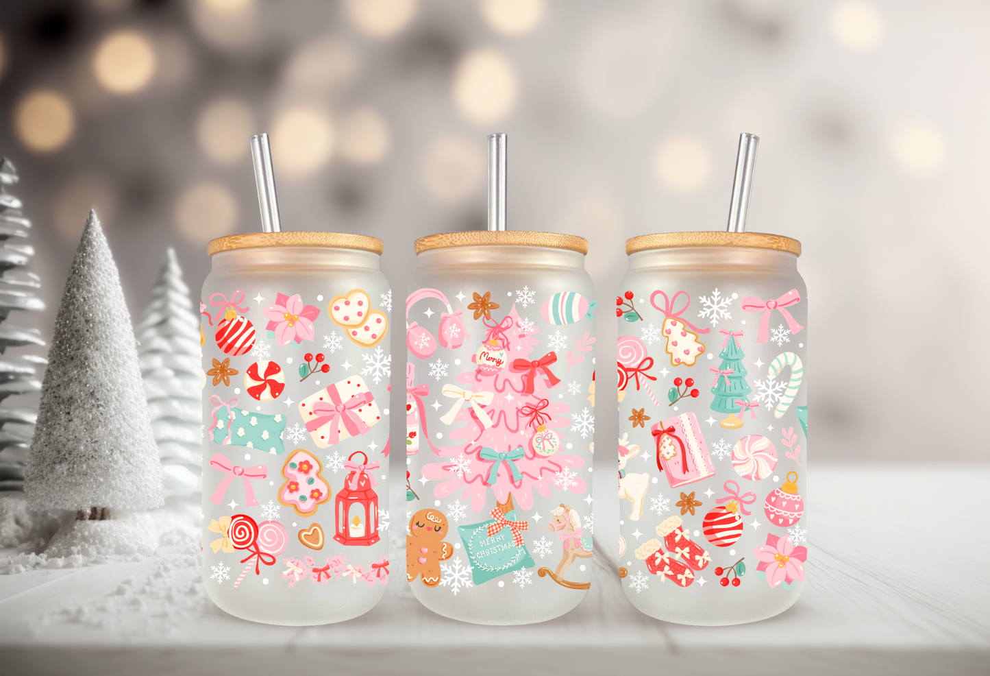 UVDTF Wrap Christmas Tree Presents 16oz Can Glass, Mug, Tumbler, Ready to apply, Permanent Waterproof Adhesive