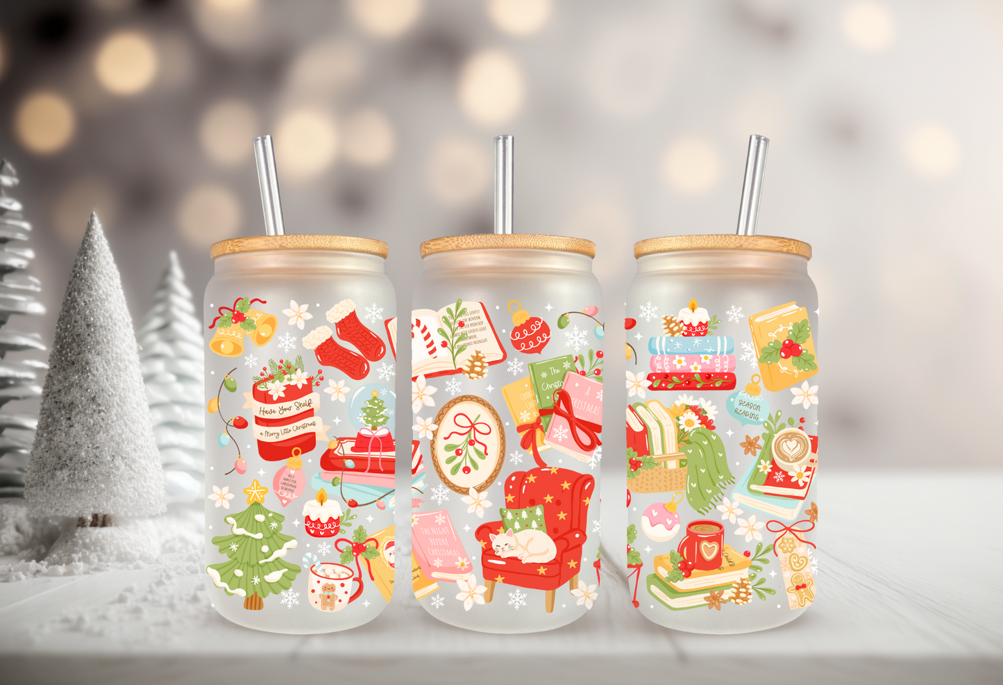 UVDTF Wrap Christmas Bookish 16oz Can Glass, Mug, Tumbler, Ready to apply, Permanent Waterproof Adhesive