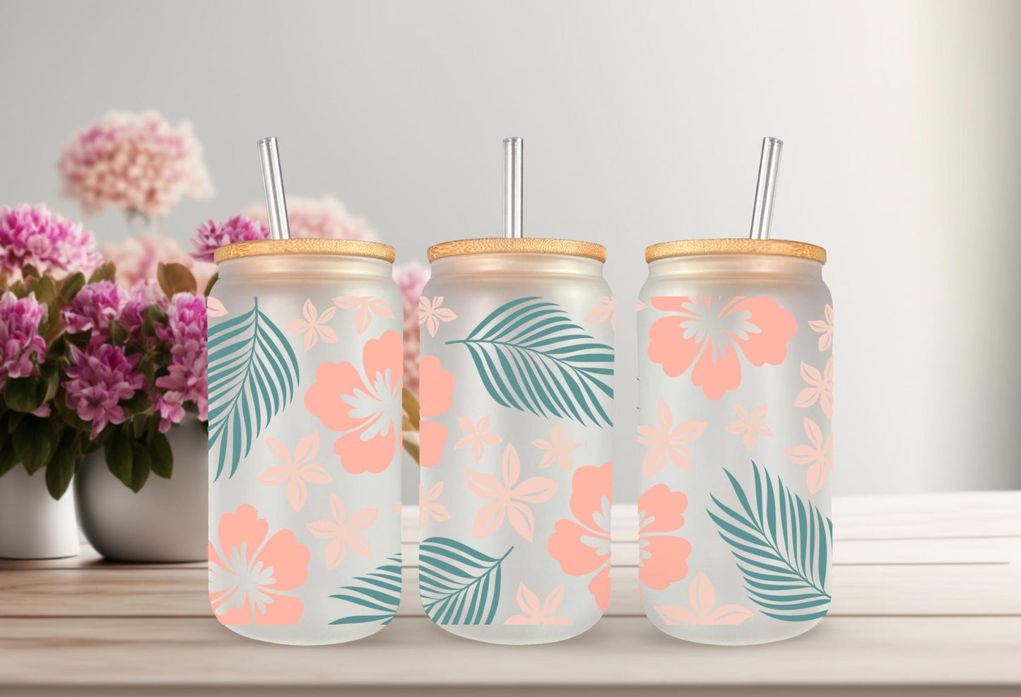 UVDTF Wrap Hibiscus Tropical Flower 16oz Can Glass Mug Tumbler, Ready to Apply, Permanent Waterproof Adhesive