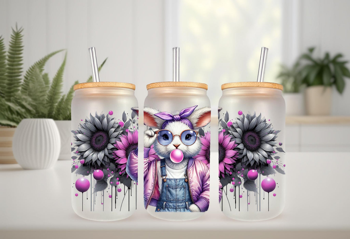 UVDTF Wrap Floral Bunny Bubble Gum 16oz Can Glass Mug Tumbler, Purple Easter Wrap, Ready to Apply, Permanent Waterproof Adhesive
