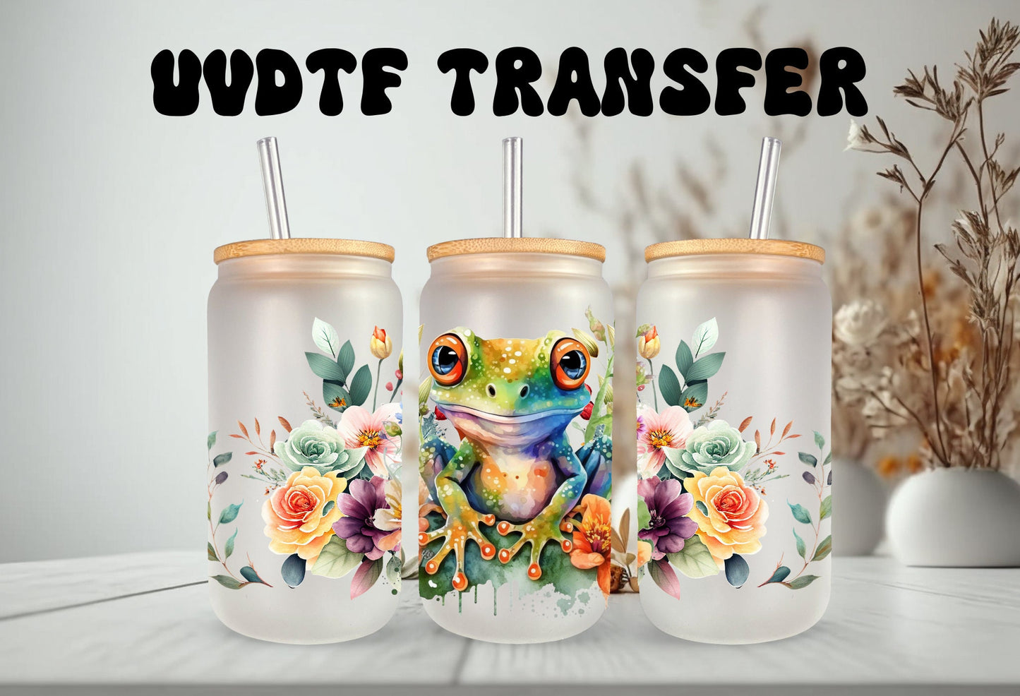 UVDTF Wrap Frog Flowers 16 oz Can Glass Mug Tumbler, Frog Wrap, Double Sided Print Option, Ready to Apply, Permanent Adhesive Waterproof