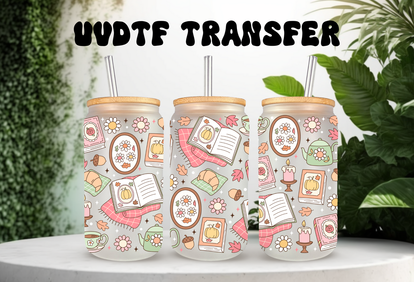 UVDTF Wrap Autumn Bookish 16oz Can Glass Mug Tumbler Wrap, Ready to apply, Permanent Waterproof Adhesive, Double sided option