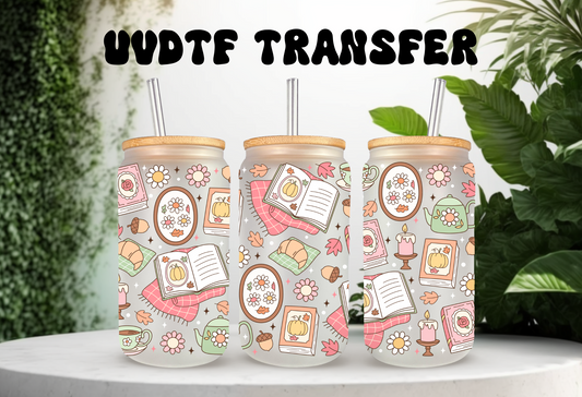 UVDTF Wrap Autumn Bookish 16oz Can Glass Mug Tumbler Wrap, Ready to apply, Permanent Waterproof Adhesive, Double sided option