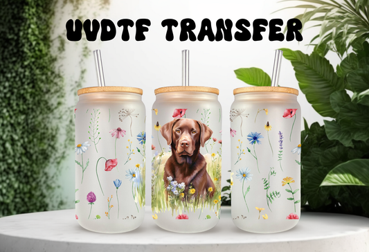 UVDTF Wrap Chocolate Lab Floral 16oz Can Glass Mug Tumbler, Dog Wrap, Ready to apply, Permanent Waterproof Adhesive