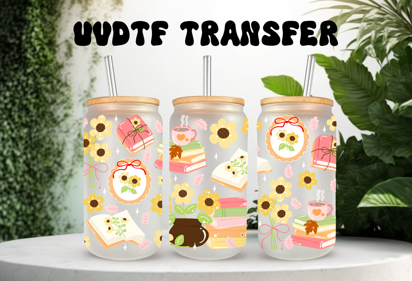 16oz can glass wrap featuring bright yellow sunflowers, stacks of books, and coffee mugs on a clear background.