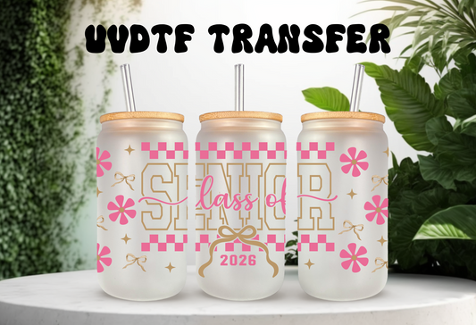 UVDTF Wrap Senior 2026 Checker and Bows for 16oz Can Glass, Mug Tumbler, Ready to Apply, Permanent Adhesive, Exclusive