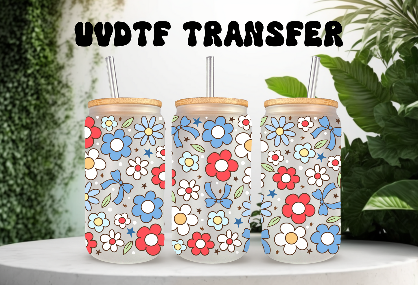 UVDTF Wrap Floral Independence Day 16oz Can Glass Mug Tumbler, Ready to apply, Permanent Waterproof Adhesive