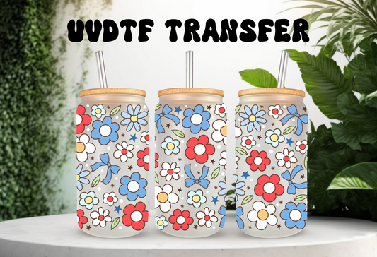 UVDTF Wrap Floral Independence Day 16oz Can Glass Mug Tumbler, Ready to apply, Permanent Waterproof Adhesive