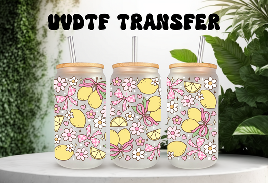 UVDTF Wrap Lemon Daisy Bow Checkered for 16oz Can Glass Mug Tumbler, Ready to apply, Permanent Waterproof Adhesive