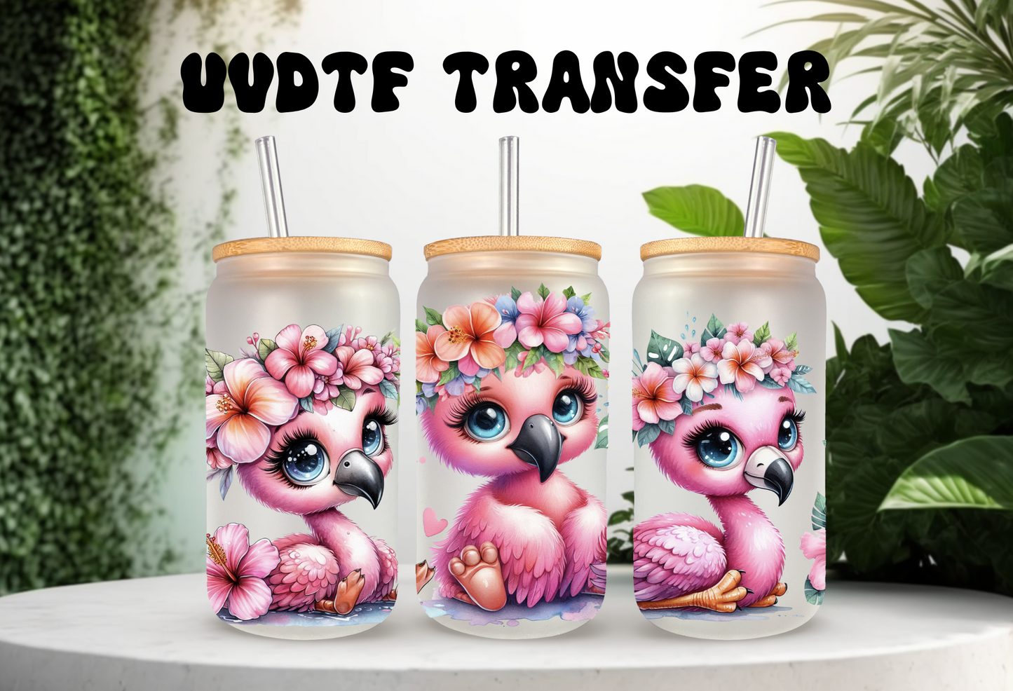 Floral Pink Flamingo UVDTF Wrap For 16oz Can Glass Tumbler, Ready to apply, Permanent Waterproof Adhesive