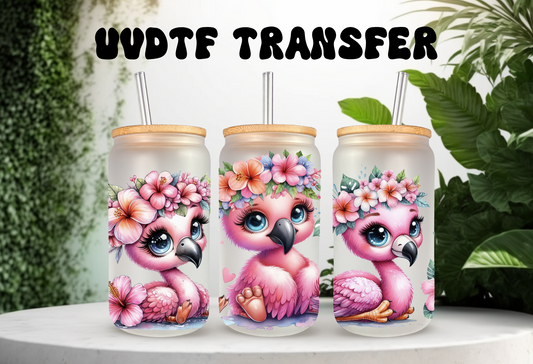 Floral Pink Flamingo UVDTF Wrap For 16oz Can Glass Tumbler, Ready to apply, Permanent Waterproof Adhesive