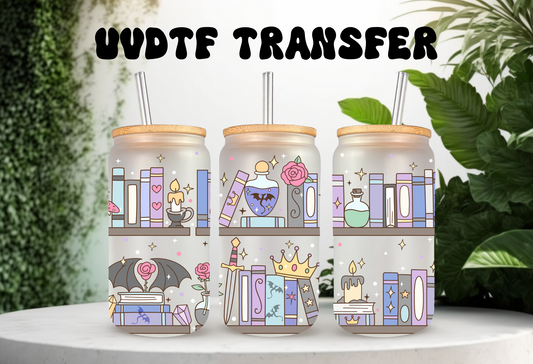 UVDTF Wrap Witch Bookshelf 16oz Can Glass Mug Tumbler Wrap, Ready to apply, Permanent Waterproof Adhesive, Double sided option