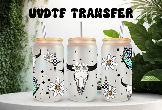 UVDTF Wrap Daisy Butterfly Cow Skull for 16oz Can Glass Mug Tumbler, Ready to apply, Permanent Waterproof Adhesive, Double Sided Option