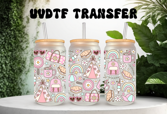 UVDTF Wrap Girly Camp 16oz Can Glass Mug Tumbler, Ready to apply, Camp Wrap, Permanent Waterproof Adhesive