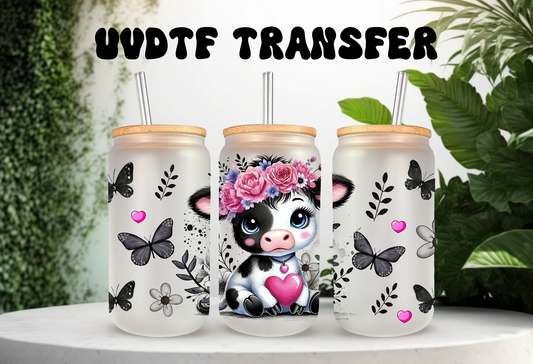 UVDTF Wrap Cute Cow Floral Butterfly For 16oz Can Glass Mug Tumbler, Ready to Apply, Permanent Waterproof Adhesive