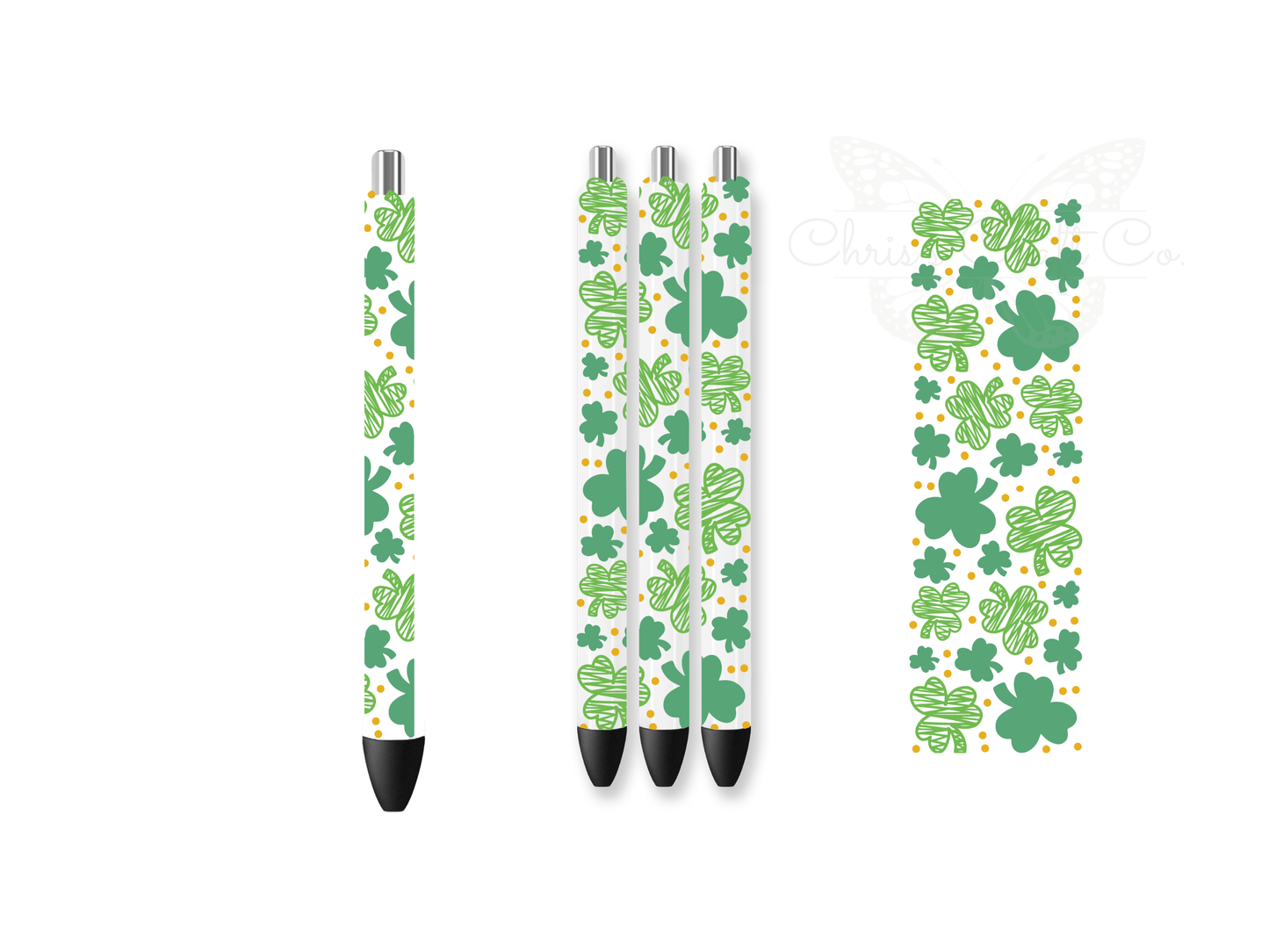 Mockup of four pens featuring green shamrock and gold dot UVDTF wraps next to a flat 1.5x4.7 inch decal design for St. Patrick's Day.